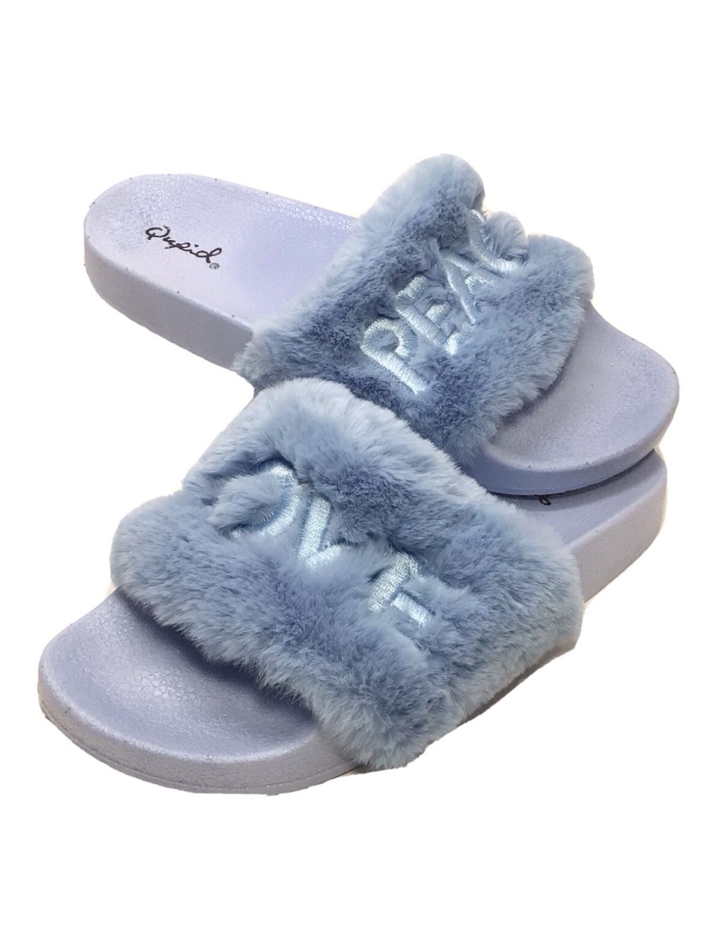Qupid Blue Faux Fur Peace Love Open Toe Slides